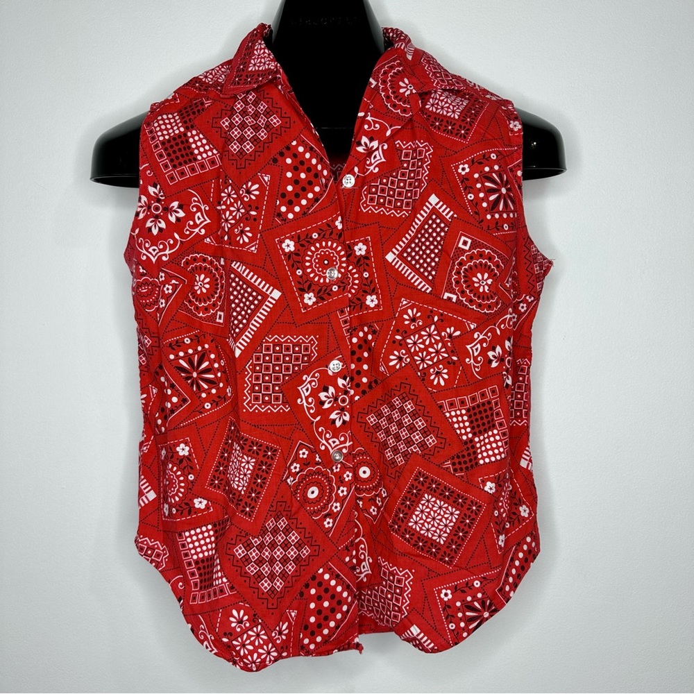 VINTAGE 50s Rockabilly Bandana Pattern Red White Black Retro Mod Western Tanktop - Picture 2 of 7
